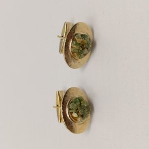 Cuff Links Gold Tone Textured Oval Shape Green Stones